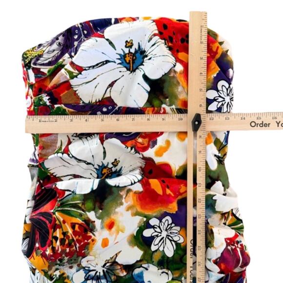 Suzi Chin Orange Green White Floral Ruched Strapless Bodycon Mini Dress Size 8 - Picture 6 of 10